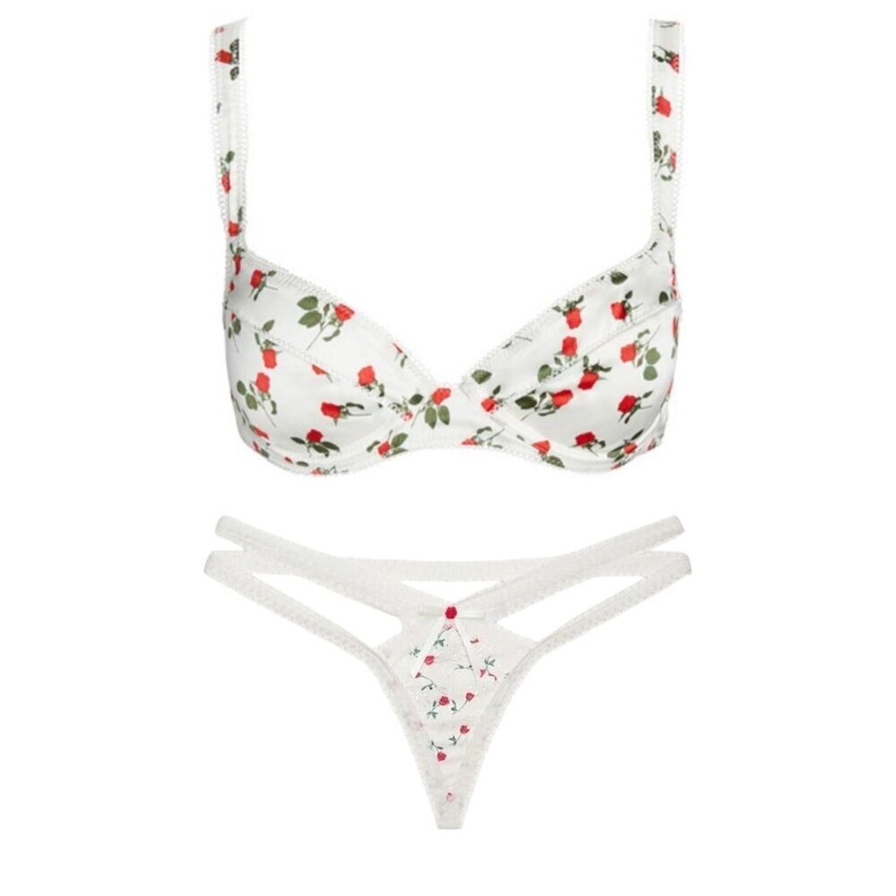 New! For Love And Lemons White Floral Bra and Thong Set Size XL 25015